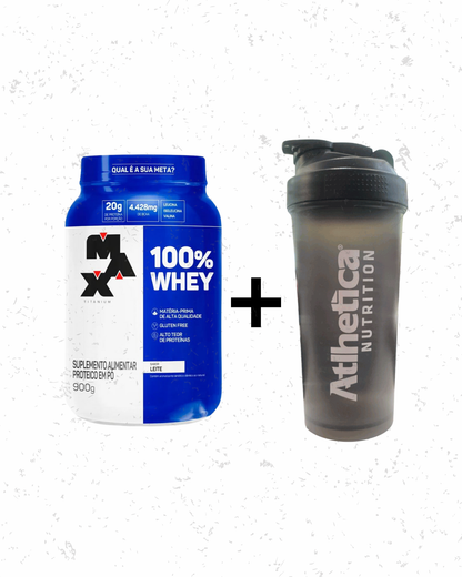 100% Whey (900g) - Leite (Max Titanium) + Coqueteleira Atlhetica 25 anos