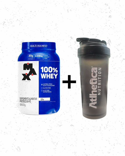 100% Whey (900g) - Leite (Max Titanium) + Coqueteleira Atlhetica 25 anos